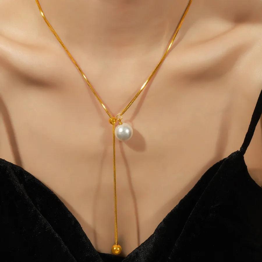 Elegant French Style Simple Style Round Artificial Pearl Titanium Steel 18K Gold Plated Asymmetrical Pendant Necklace Long Necklace