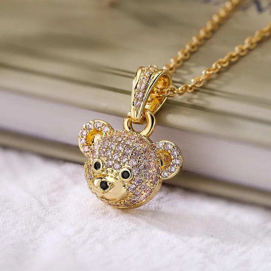 cute simple style bear copper 18k gold plated zircon pendant necklace