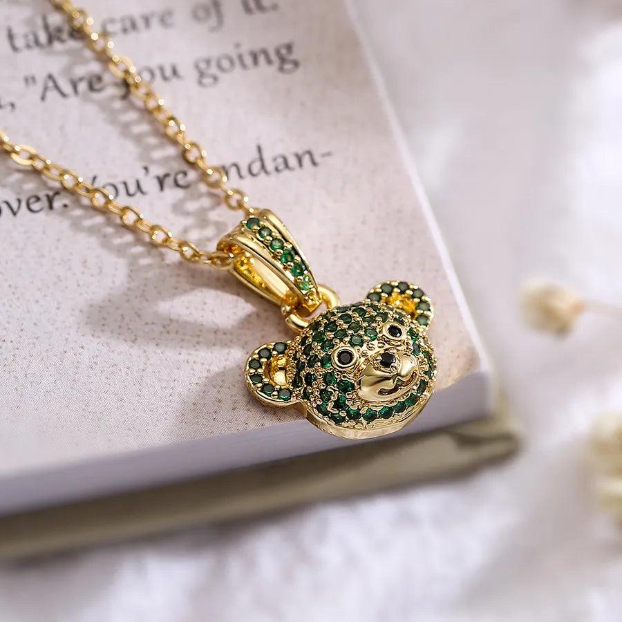 cute simple style bear copper 18k gold plated zircon pendant necklace