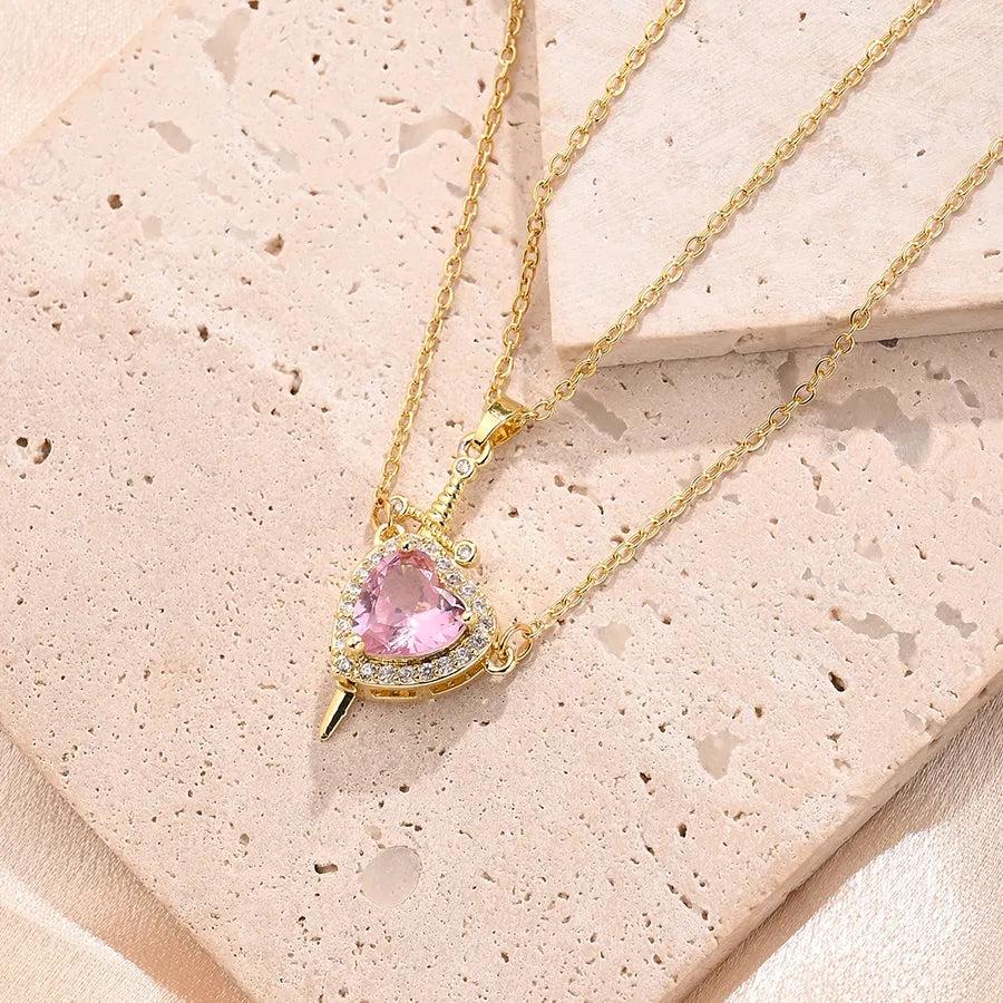 Simple Style Heart Shape Copper Zircon 18K Gold Plated Polishing Inlay Pendant Necklace cable chain