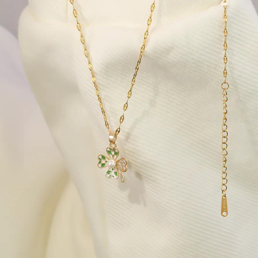 Elegant Sweet Four Leaf Clover 304 Stainless Steel Copper Zircon K Gold Plated Plating Pendant Necklace