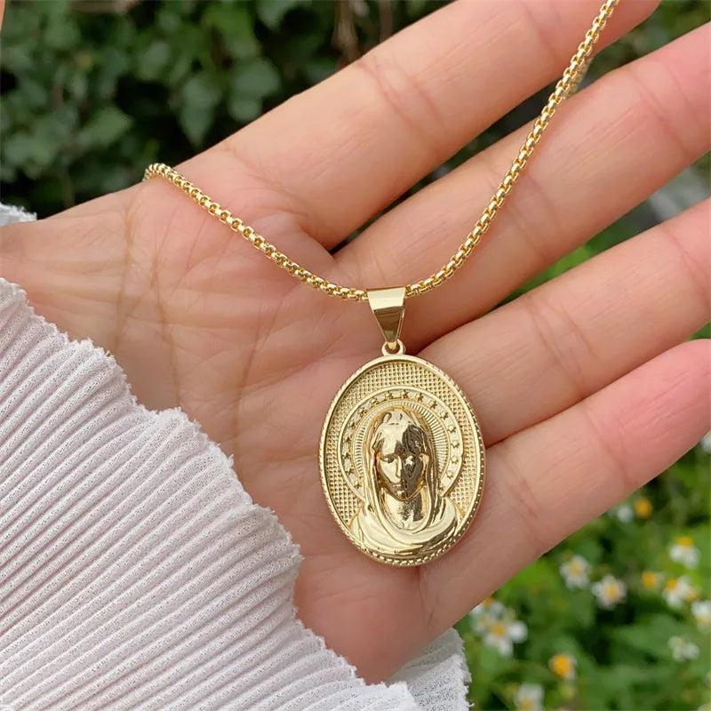 Retro Classic Style Virgin Mary Copper 18K Gold Plated box chain Pendant Necklace
