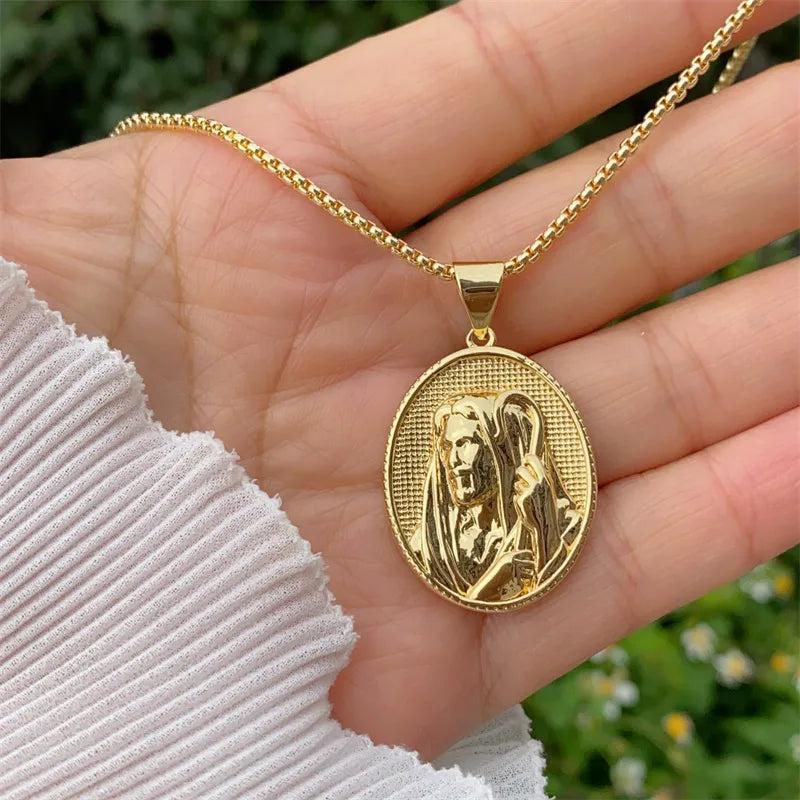 Retro Classic Style Virgin Mary Copper 18K Gold Plated box chain Pendant Necklace