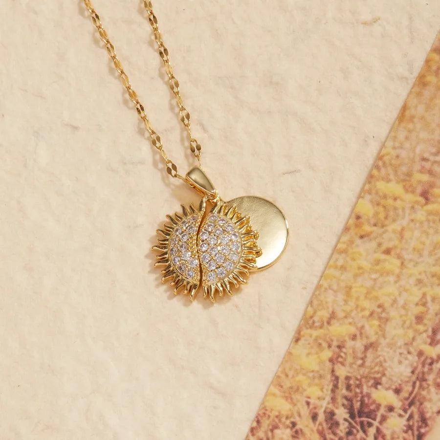 Shiny Sun 304 Stainless Steel Zircon 18K Gold Plated Plating Inlay Pendant Necklace cable chain